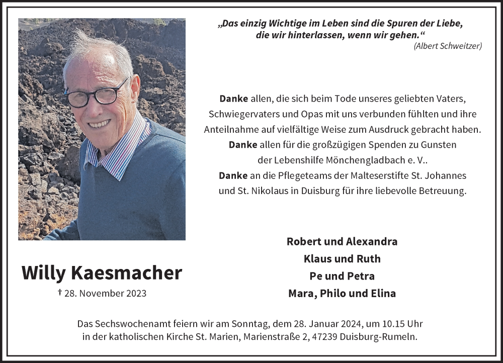  Traueranzeige für Willy Kaesmacher vom 20.01.2024 aus Rheinische Post