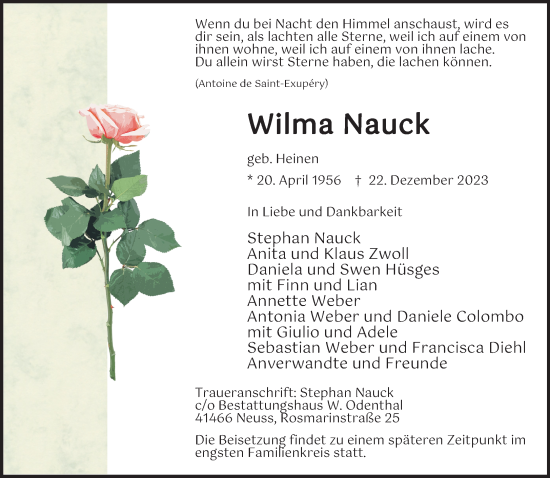 Traueranzeige von Wilma Nauck von Rheinische Post
