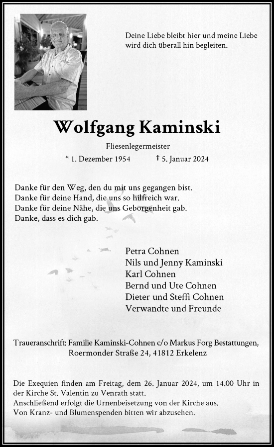 Traueranzeige von Wolfgang Kaminski von Rheinische Post