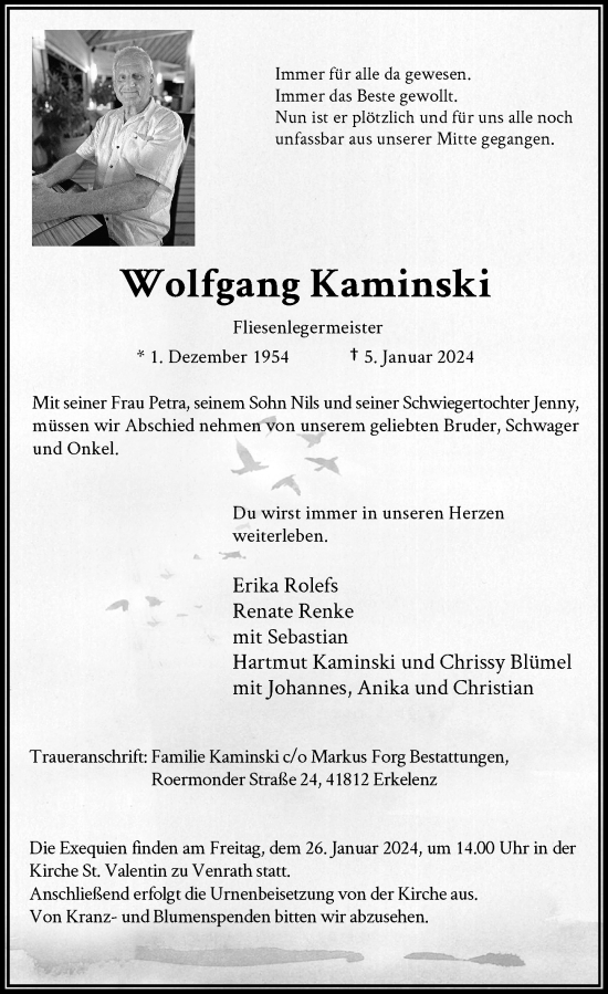 Traueranzeige von Wolfgang Kaminski von Rheinische Post