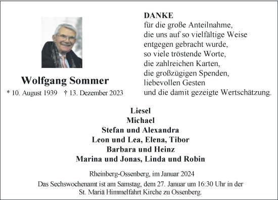 Traueranzeige von Wolfgang Sommer von Rheinische Post