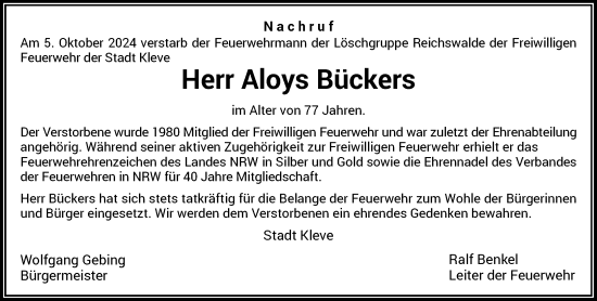 Traueranzeige von Aloys Bückers von Rheinische Post