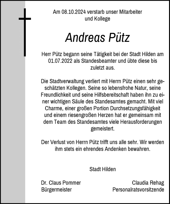 Traueranzeige von Andreas Pütz von Rheinische Post