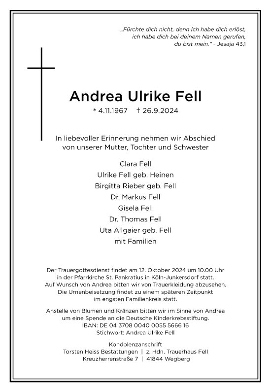 Traueranzeige von Andrea Ulrike Fell von Rheinische Post