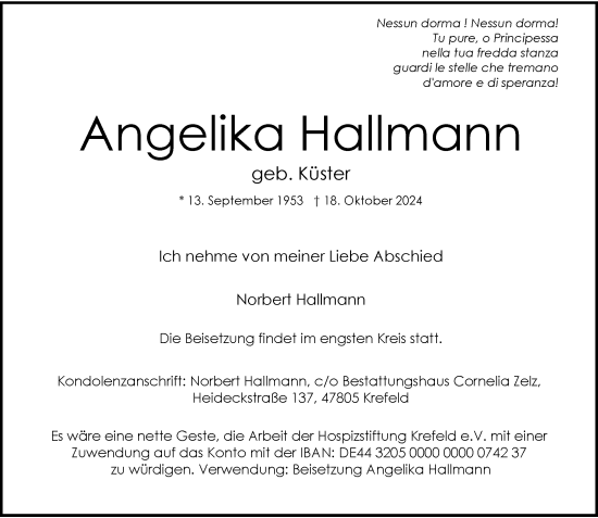 Traueranzeige von Angelika Hallmann von Rheinische Post