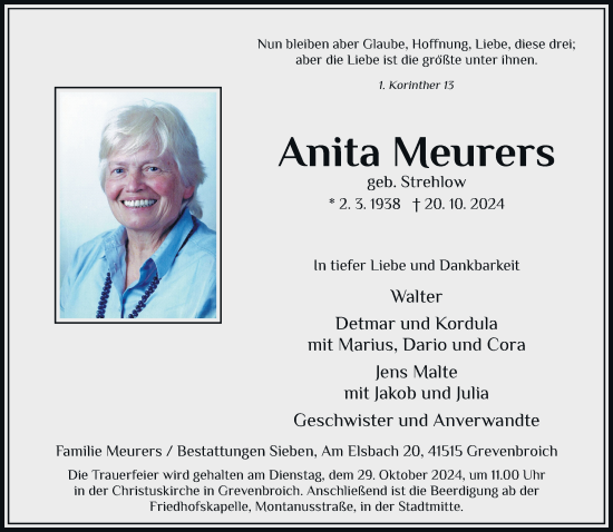 Traueranzeige von Anita Meurers von Rheinische Post