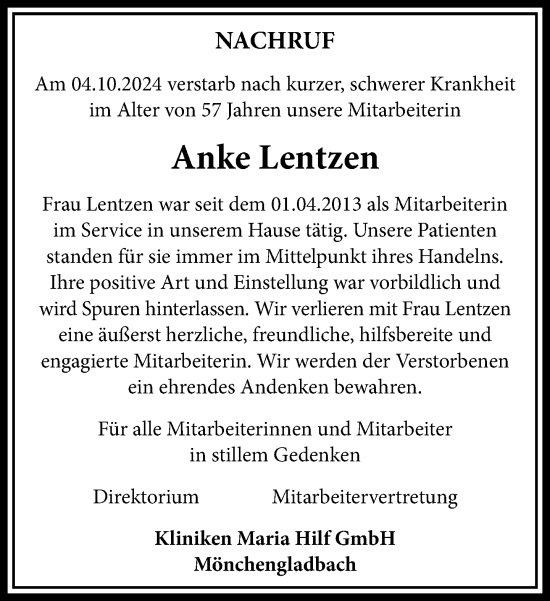 Traueranzeige von Anke Lentzen von Rheinische Post