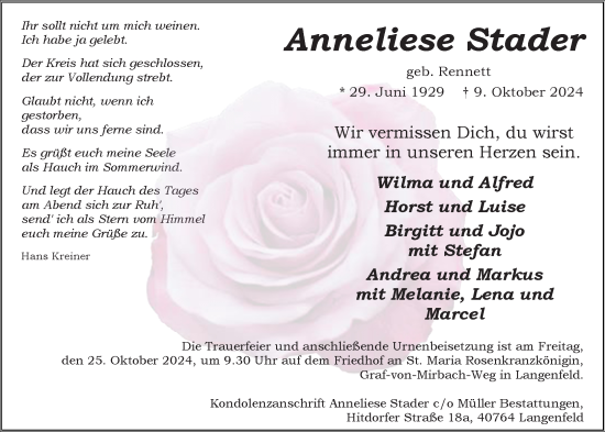 Traueranzeige von Anneliese Stader von Rheinische Post