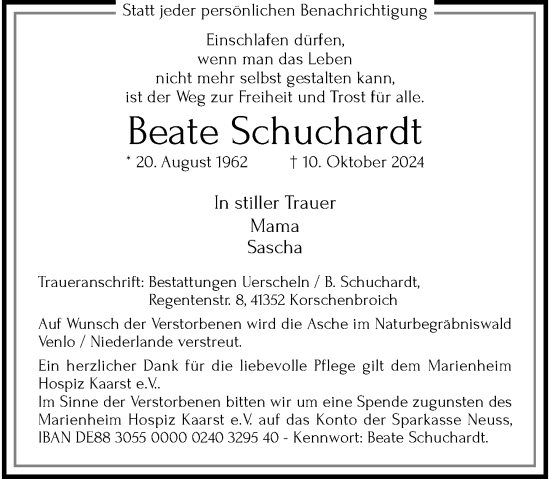 Traueranzeige von Beate Schuchardt von Rheinische Post