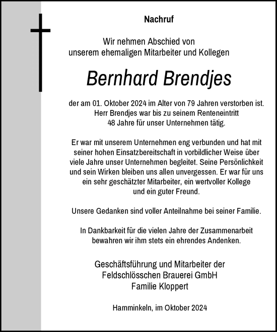 Traueranzeige von Bernhard Brendjes von Rheinische Post