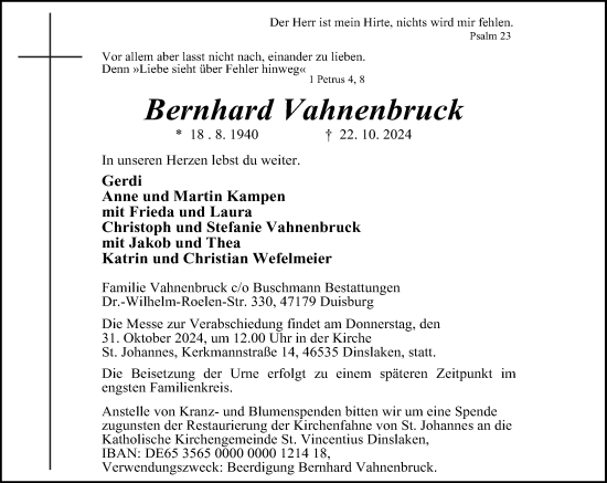 Traueranzeige von Bernhard Vahnenbruck von Rheinische Post