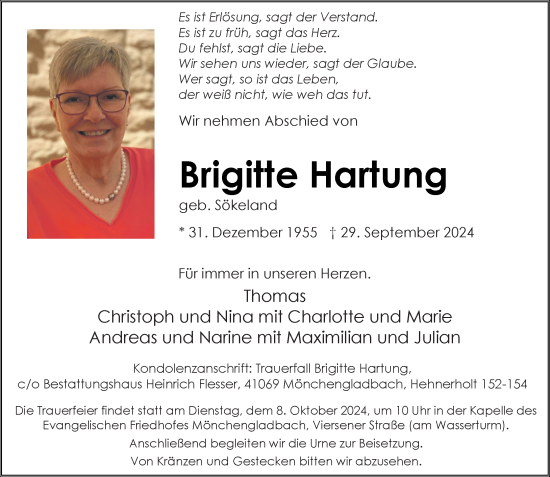 Traueranzeige von Brigitte Hartung von Rheinische Post