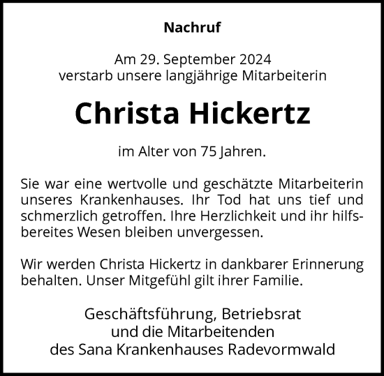 Traueranzeige von Christa Hickertz von Rheinische Post