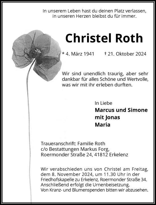 Traueranzeige von Christel Roth von Rheinische Post