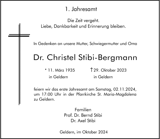 Traueranzeige von Christel Stibi-Bergmann von Rheinische Post