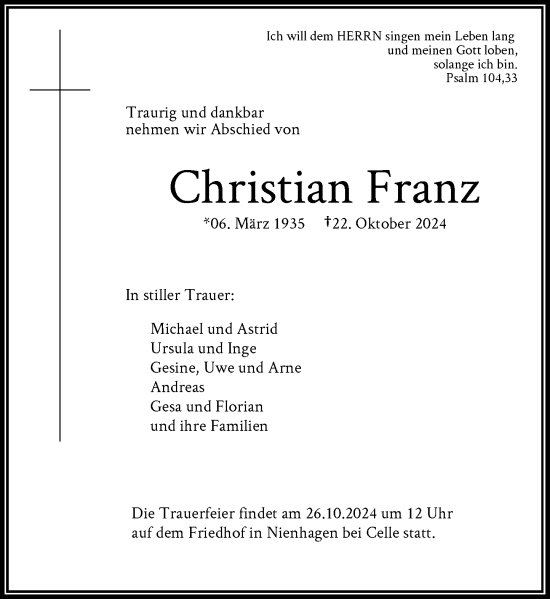 Traueranzeige von Christian Franz von Rheinische Post