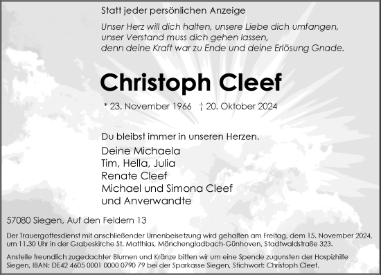 Traueranzeige von Christoph Cleef von Rheinische Post