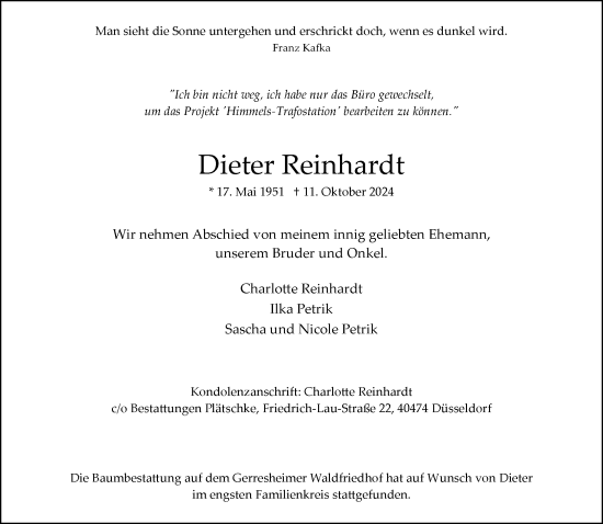 Traueranzeige von Dieter Reinhardt von Rheinische Post