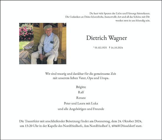 Traueranzeige von Dietrich Wagner von Rheinische Post