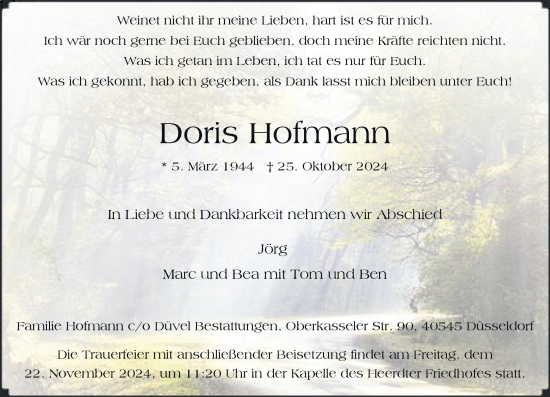 Traueranzeige von Doris Hofmann von Rheinische Post