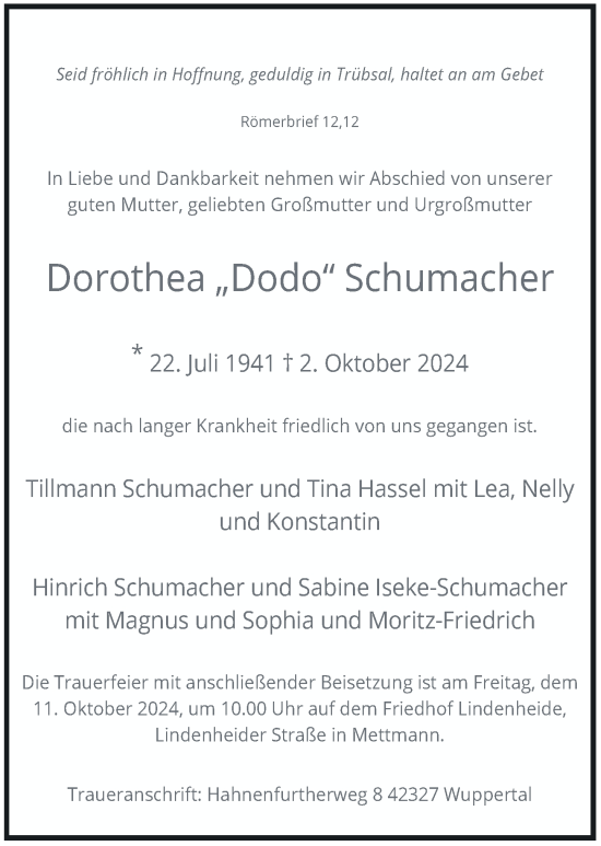 Traueranzeige von Dorothea Schumacher von Rheinische Post