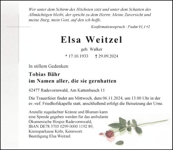 Traueranzeige von Elsa Weitzel von Rheinische Post