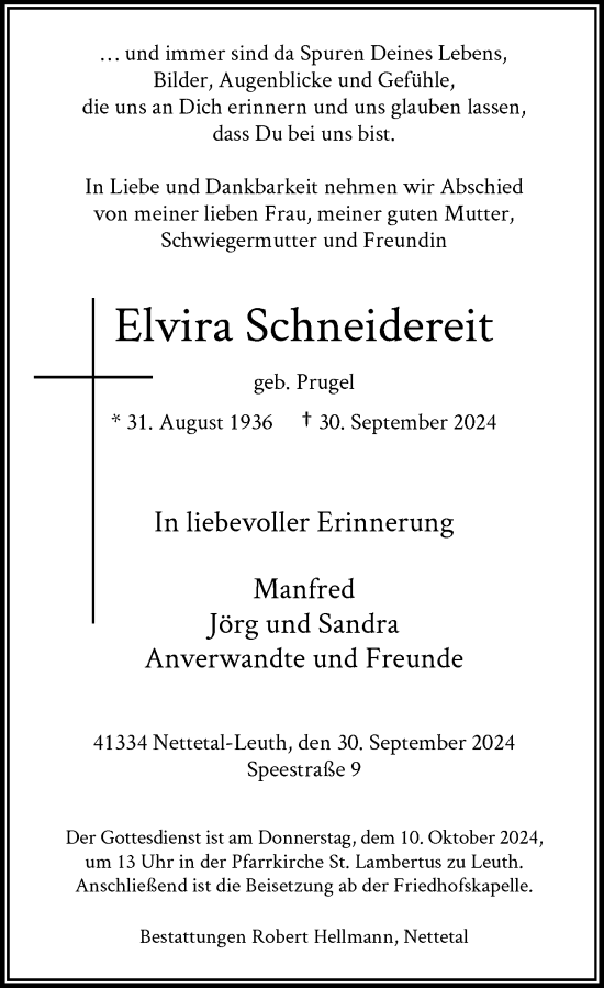 Traueranzeige von Elvira Schneidereit von Rheinische Post