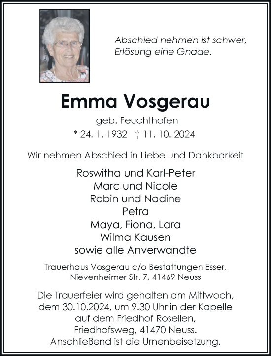 Traueranzeige von Emma Vosgerau von Rheinische Post