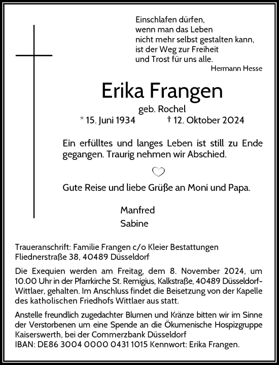 Traueranzeige von Erika Frangen von Rheinische Post