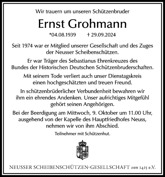 Traueranzeige von Ernst Grohmann von Rheinische Post