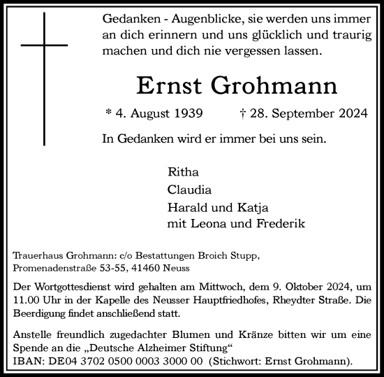 Traueranzeige von Ernst Grohmann von Rheinische Post