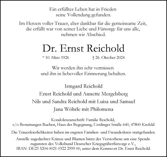 Traueranzeige von Ernst Reichold von Rheinische Post