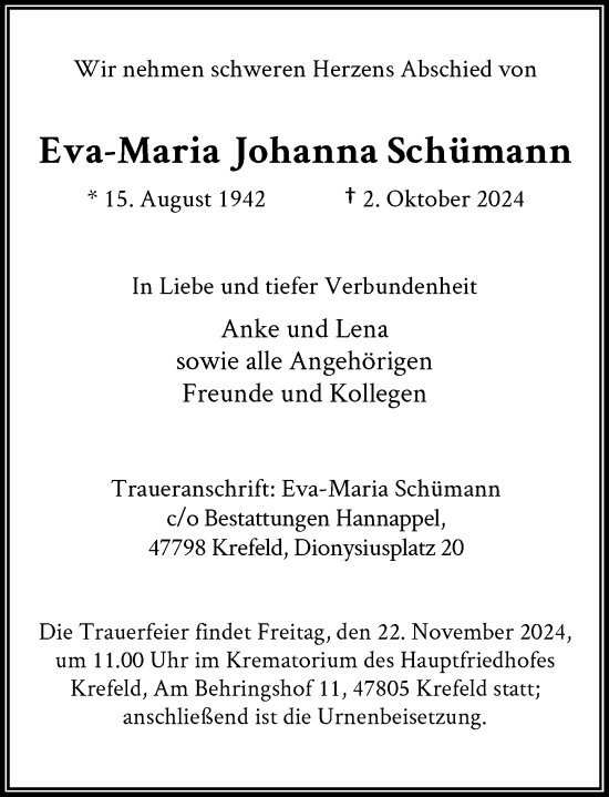 Traueranzeige von Eva-Maria Johanna Schümann von Rheinische Post