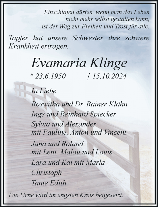 Traueranzeige von Evamaria Klinge von Rheinische Post