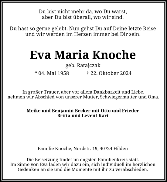 Traueranzeige von Eva Maria Knoche von Rheinische Post