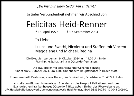 Traueranzeige von Felicitas Heid-Renner von Rheinische Post