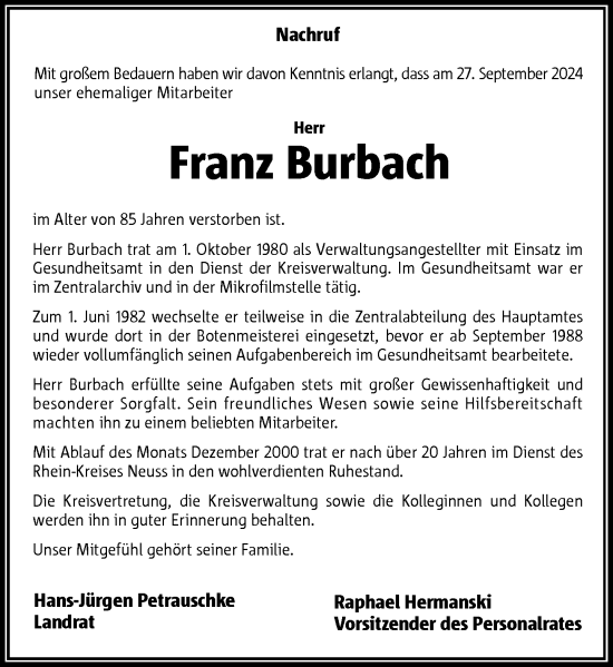 Traueranzeige von Franz Burbach von Rheinische Post