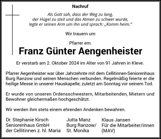 Traueranzeige von Franz Günter Aengenheister von Rheinische Post