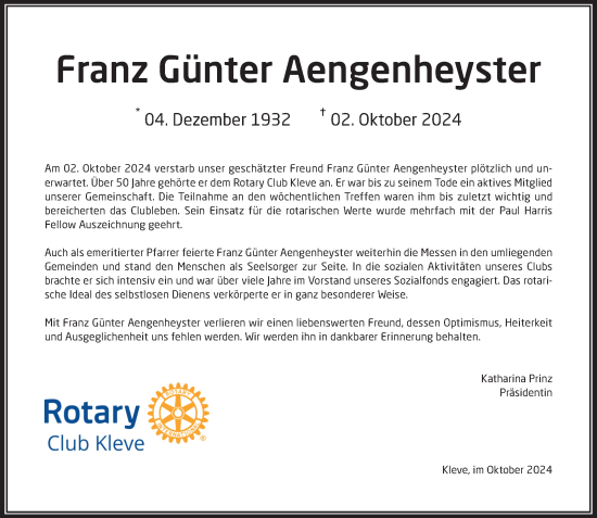 Traueranzeige von Franz Günter Aengenheyster von Rheinische Post