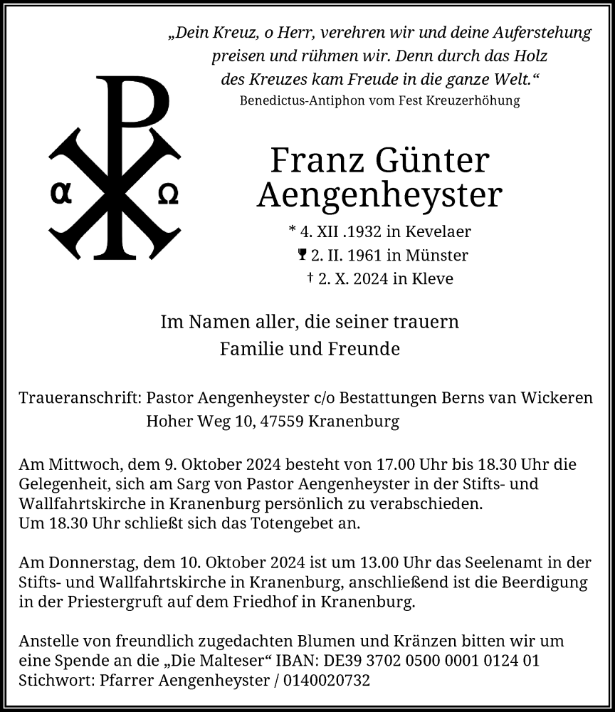  Traueranzeige für Franz Günter Aengenheyster vom 05.10.2024 aus Rheinische Post