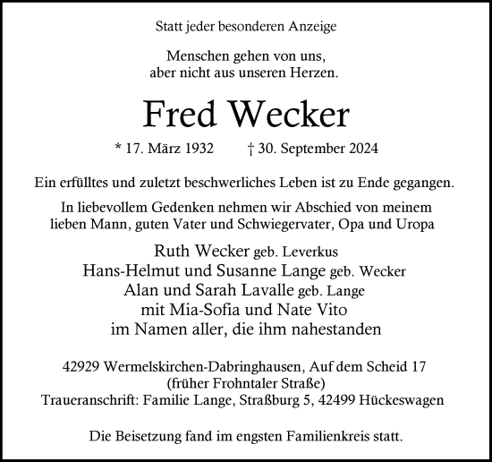 Traueranzeige von Fred Wecker von Rheinische Post