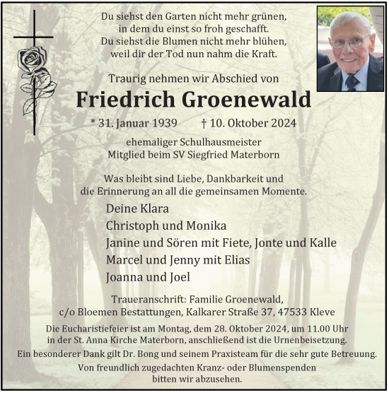 Traueranzeige von Friedrich Groenewald von Rheinische Post