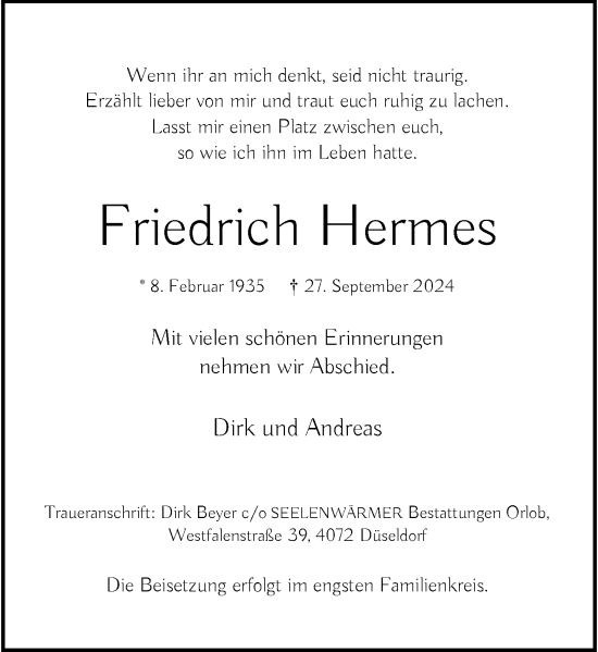 Traueranzeige von Friedrich Hermes von Rheinische Post