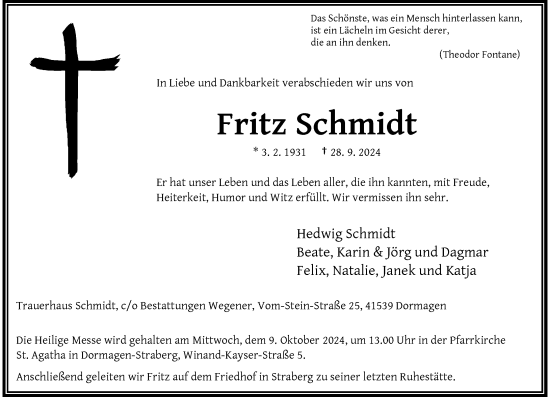 Traueranzeige von Fritz Schmidt von Rheinische Post