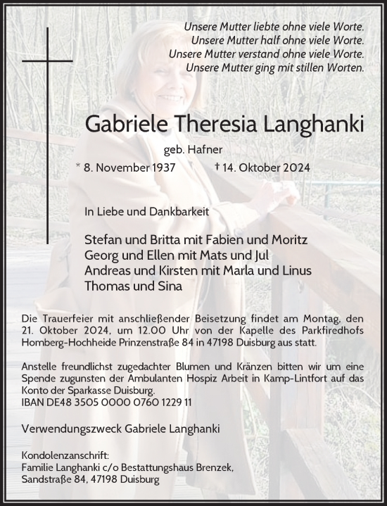 Traueranzeige von Gabriele Theresia Langhanki von Rheinische Post