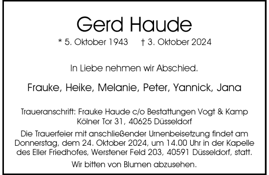 Traueranzeige von Gerd Haude von Rheinische Post