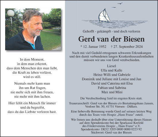 Traueranzeige von Gerd van der Biesen von Rheinische Post