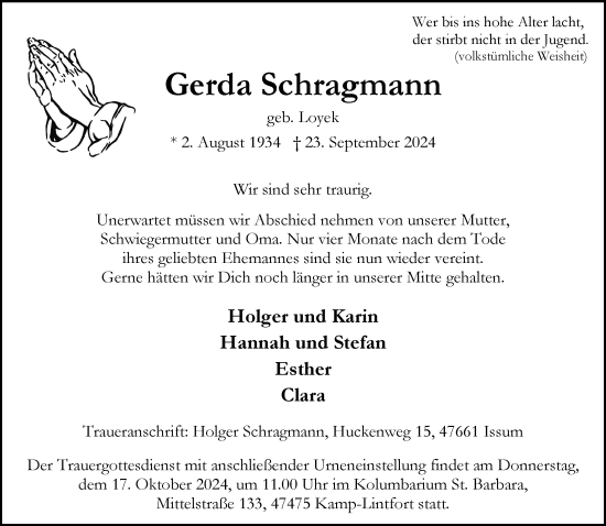 Traueranzeige von Gerda Schragmann von Rheinische Post