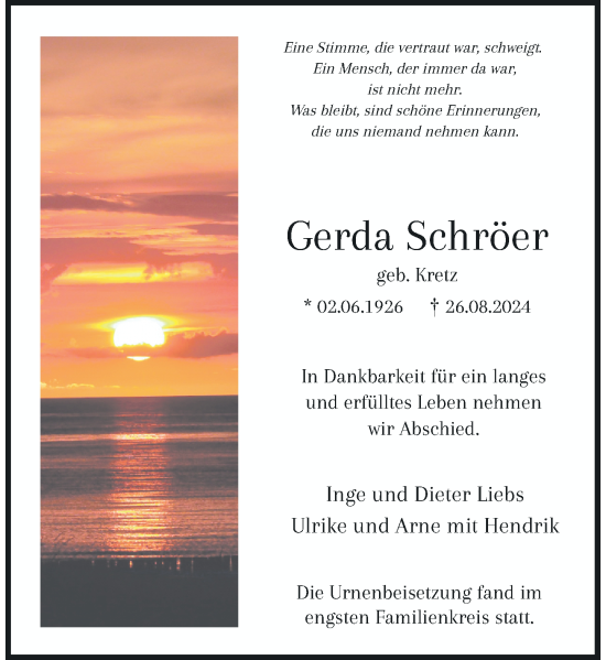 Traueranzeige von Gerda Schröer von Rheinische Post