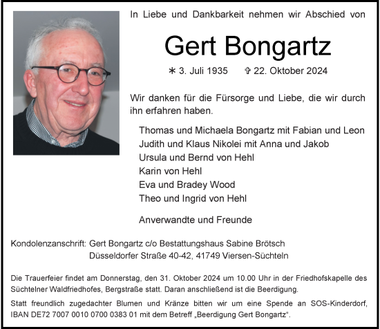 Traueranzeige von Gert Bongartz von Rheinische Post